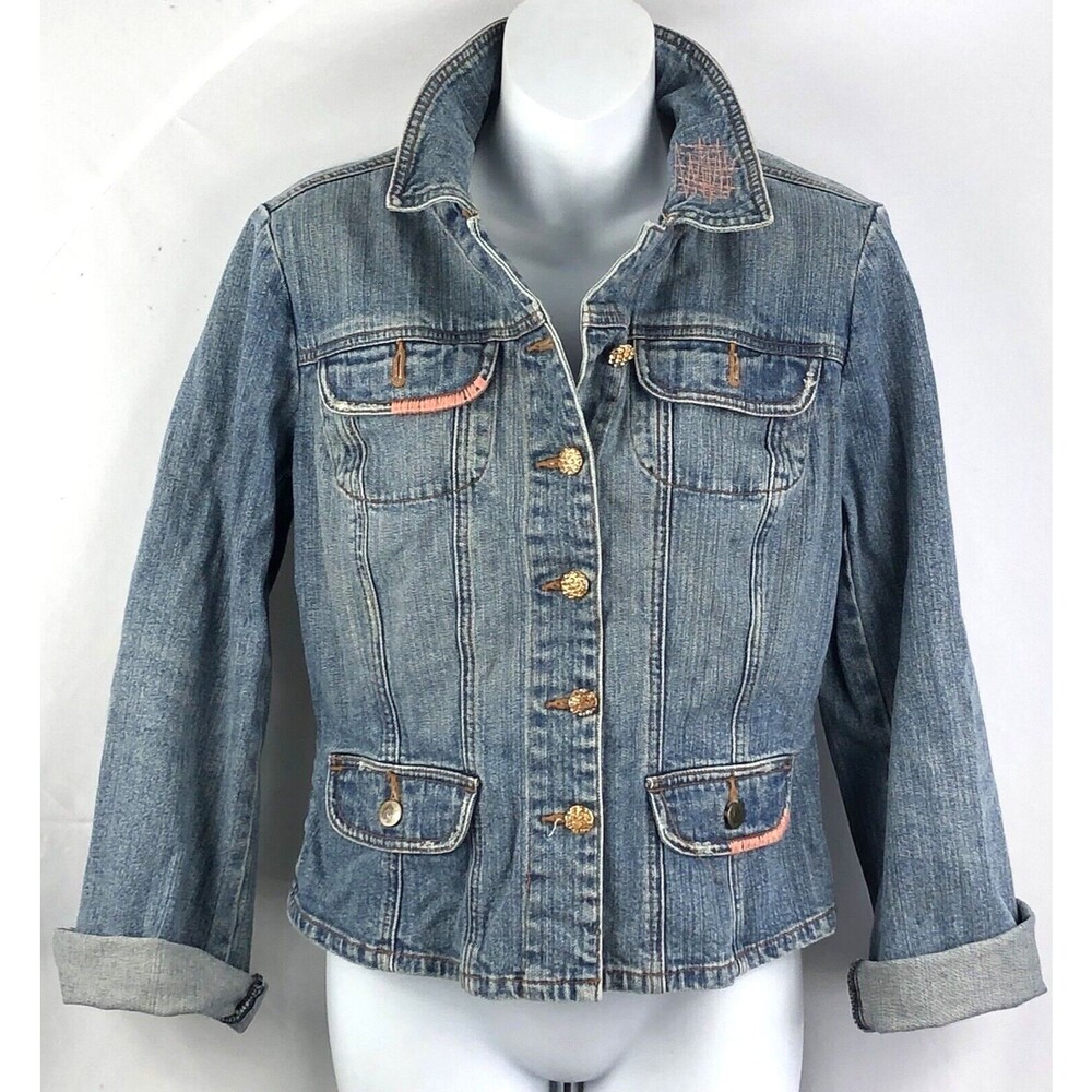 Vintage Denim Jacket M Blue Jean Peach Bead Satin Patchwork Tapestry boho Hippie